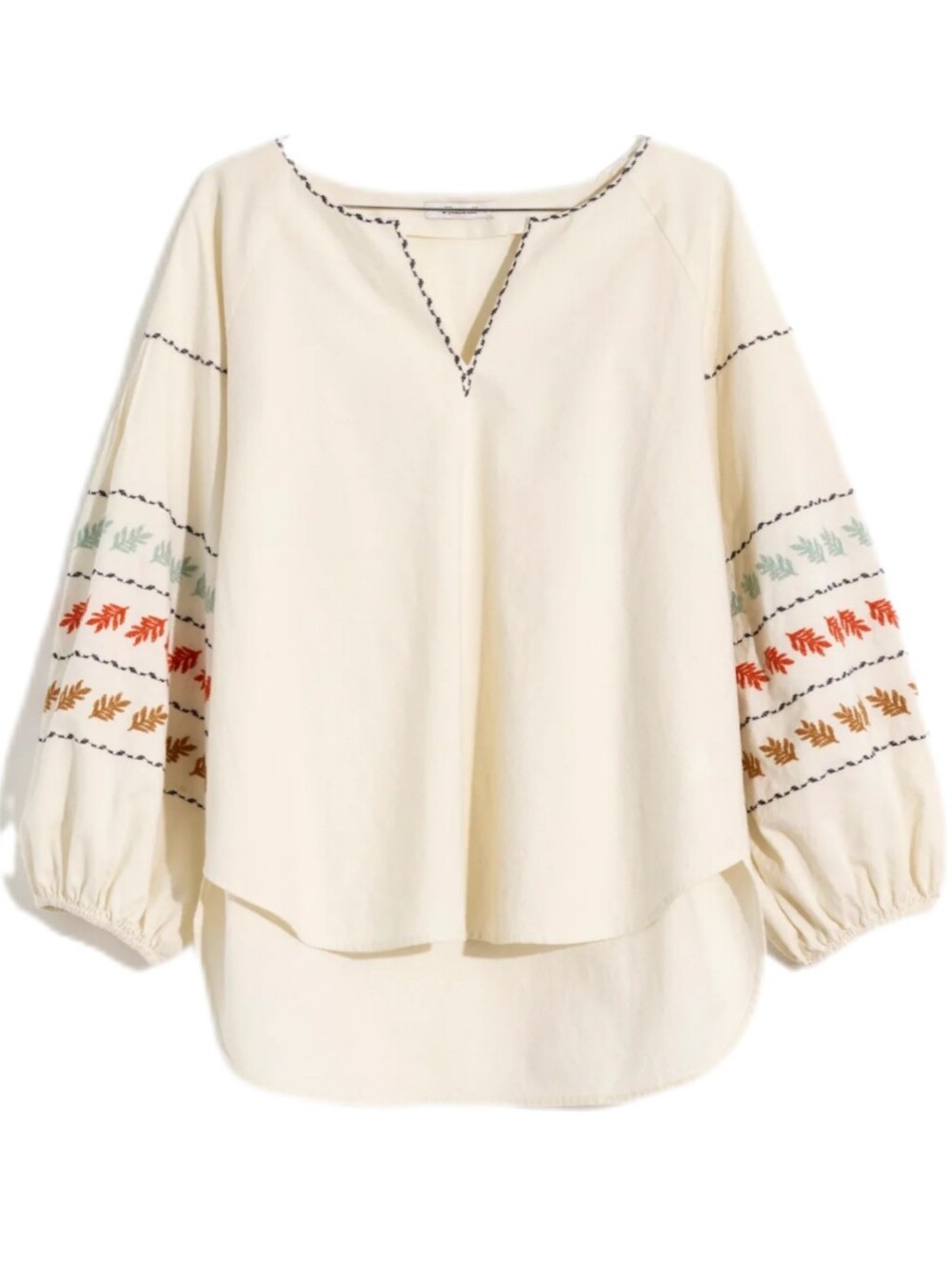 Madewell Embroidered Cream Fall Peasant Blouse with Balloon Sleeves